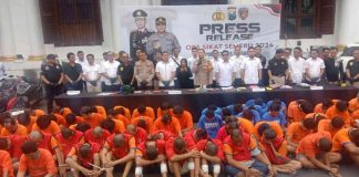 Pelaku tindak kejahatan yang berhasil diamankan dalam operasi sikat semeru Polrestabes Surabaya, Senin (24/6/2024).