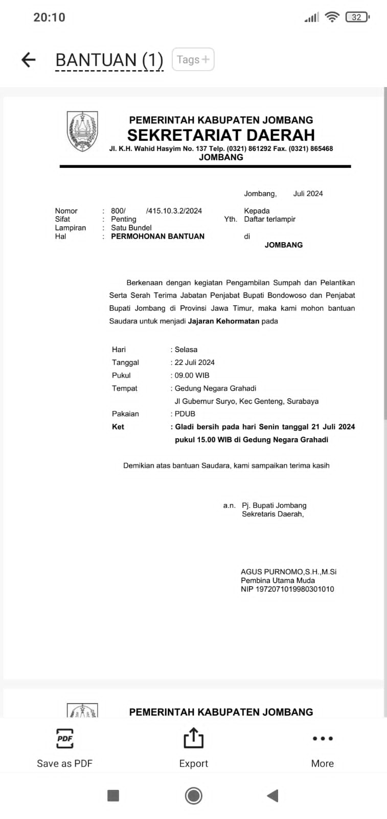 Surat pelantikan Pj Bupati Jombang yang beredar. 