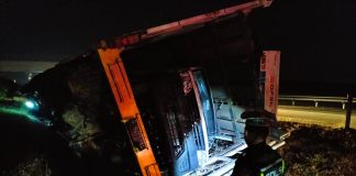 Truk pengangkut mobil terguling di tol Jombang, Rabu (4/9/2024) malam.