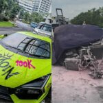 Mobil Lamborghini Revuelto sebelum kecelakaan (kiri) dan kondisi setelah mereka di tol Jombang, Jumat (2/5/2025).