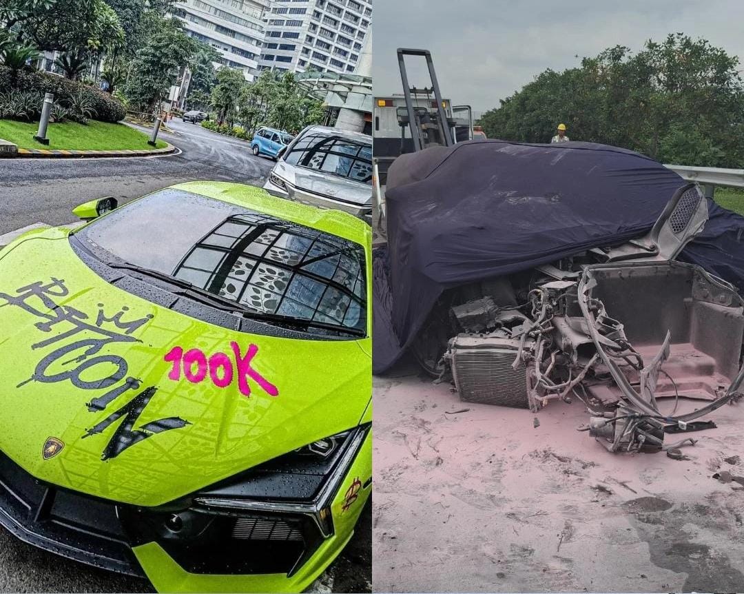 1000729893 Mobil Lamborghini Revuelto sebelum kecelakaan (kiri) dan kondisi setelah mereka di tol Jombang, Jumat (2/5/2025).