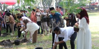Calon pengantin di Jombang saat menanam bibit di taman kebon ratu keplak sari Jombang./bongkah.id/Karimatul Maslahah/