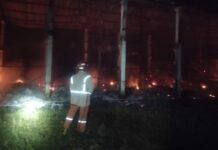 petugas damkar jombang saat melakukan pembasahan kebakaran kandang ayam./bongkah.id/Karimatul Maslahah/