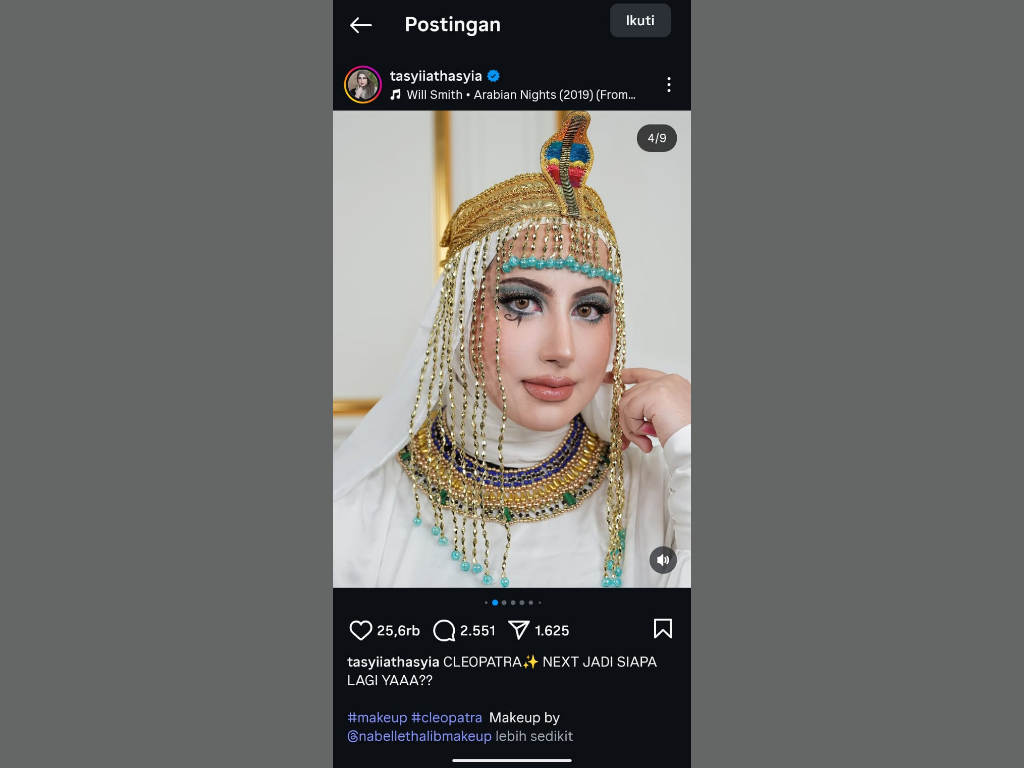 1000864249 Selebgram dan content creator Tasyi Athasyia menjadi sorotan publik setelah dirinya mengenakan busana khas tokoh legendaris Mesir, Cleopatra