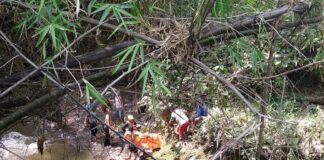 Petugas saat melakukan evakuasi jasad ARS di sungai pait Jombang./bongkah.id/Karimatul Maslahah/