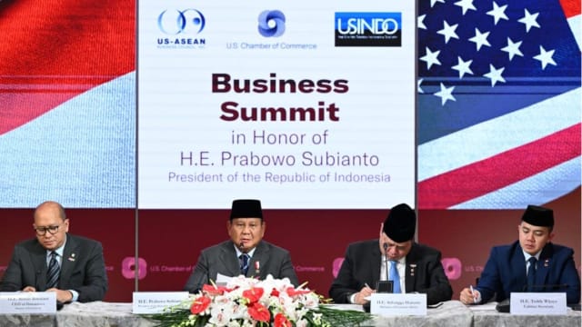 Presiden Prabowo Subianto saat sambutan di Business Summit di Washington DC.